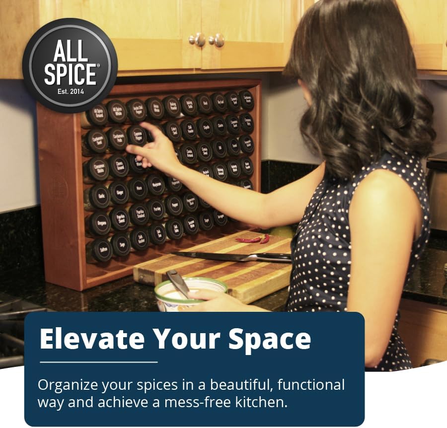 AllSpice Spice Rack Organizer, Wood, 525 Unique Labels, Countertop or Wall Mount, Includes 30 4oz Jars- Cherry Stain - Image 2