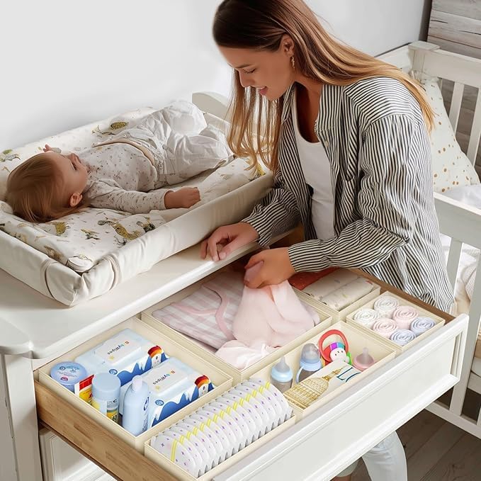DIMJ Drawer Organizer Clothes 16 Pack - Foldable Baby Organizers and Storage & Dresser Organizer for Bedroom, Closet - Nursery Organization Dresser Dividers for underwear, Sock,Bra, Belt, Tie, Beige - Image 2