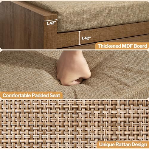 SICOTAS Rattan Shoe Bench Entryway Bench with Storage Drawer, Linen Cushion - Image 5