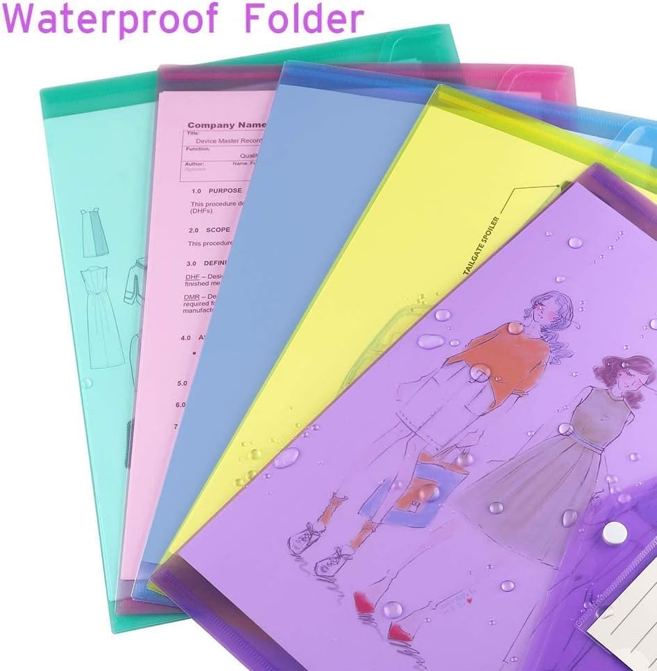 Sooez 48 Pack Folders Plastic Envelopes, Clear Plastic File Folder for Document, Letter A4 Size Poly File Envelopes with Label Pocket, Snap Button for Home Work Office Organizer, 8 Assorted Colors - Image 2