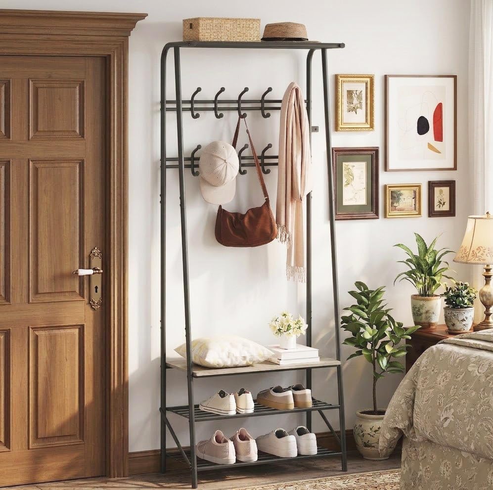OUTLANE Entryway Hall Tree with 10 Hooks, Shoe Bench & Storage Shelf, Coat Rack Organizer with Wood Accents and Metal Frame for Entryway, Living Room, Bedroom, Gray-Double row by OUTLANE