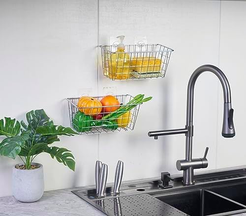 JUNCHU CHERRY 5 Pack Hanging Storage Basket, Bathroom Basket, Household Goods, with Traceless Tape, no Drilling, for Cabinet Storage, Kitchen, Bathroom, Storage Room,Chrome - Image 2