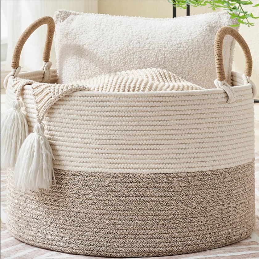 KAKAMAY Large Blanket Basket with Handles, Storage Basket for Living Room by KAKAMAY